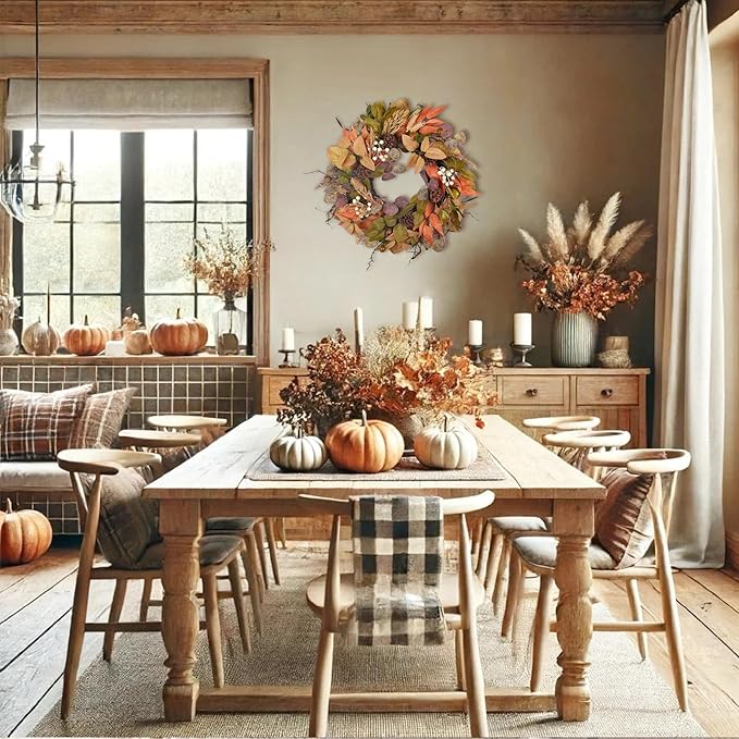 24" Fall Wreath for Front Door Handmade with Artificial Autumn Leaves, Natural Pinecones, Faux Berries and Wheat, Autumn Harvest Wreath Decoration for Home Farmhouse Door Wall Window Porch