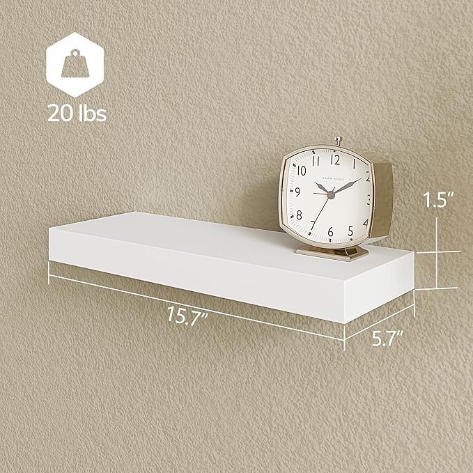 BAMEOS Floating Shelves, White Wall Mounted Wooden Shelves with Invisible Brackets Set of 2, Hanging Wall Shelves Decoration for Bedroom, Bathroom, Living Room and Kitchen