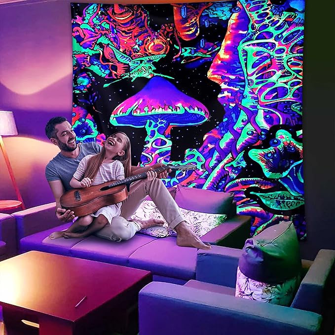 ADDWel Blacklight Mushroom Tapestry, Upright Tapestry Glow In The Dark, UV Reactive Black Light Tapestries Posters Wall Hanging for Backdrop Bedroom Dorm Living Room Decor(60"x80")