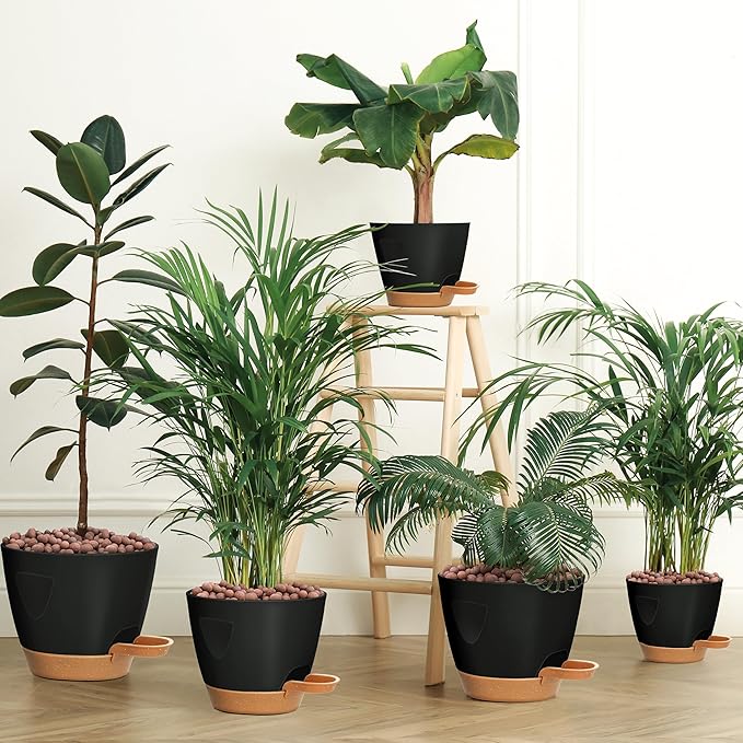 '- Uneed Plastic Flower Pot,5-Pack Plant Pots with Drainage 7/6.5/6/5.5/5 Inch,Self Watering Pots for Indoor Plants,Planters for Indoor Outdoor Plants (Black)