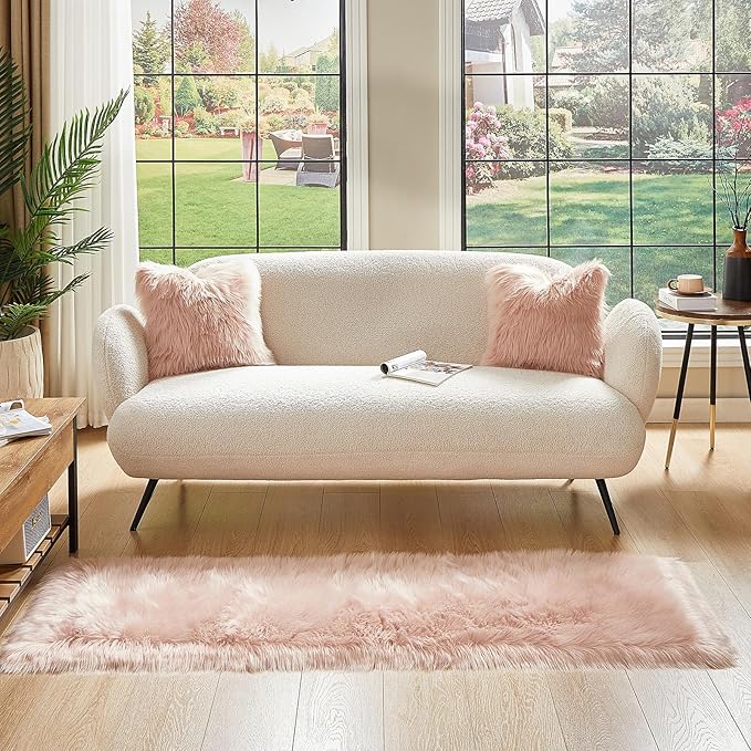 AMTOVO Faux Fur Rug, Pink Ultra Soft Fluffy Shag Sheepskin Rug, 2 x 6 ft Runner Area Rugs for Bedroom Sofa Throw Cushion Room Decor, Rectangle