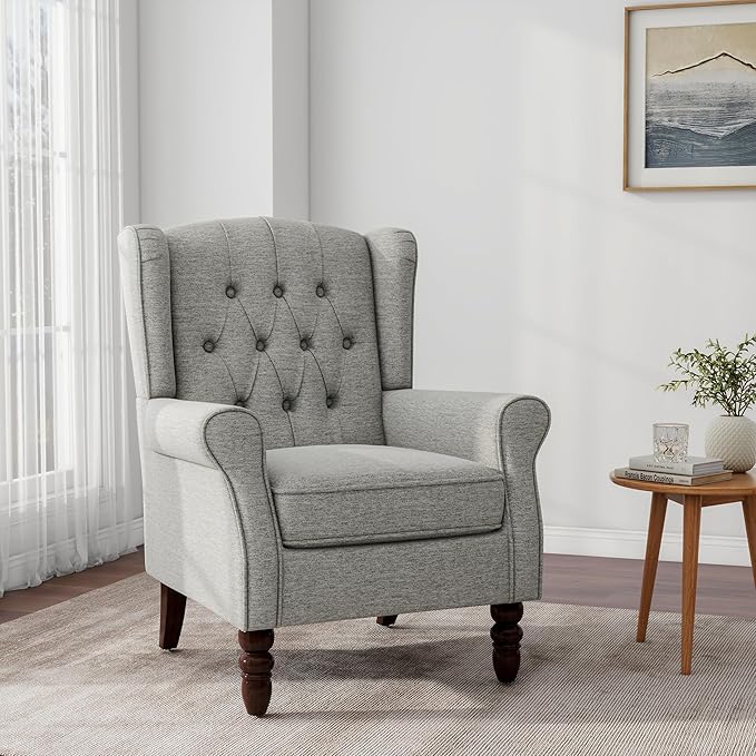 Accent Chair, Upholstered Armchair with Button Tufted High Back & Solid Wood Legs, Comfy Wingback Reading Single Sofa Chair for Small Spaces, Living Room, Bedroom (Light Grey, Set of 2)