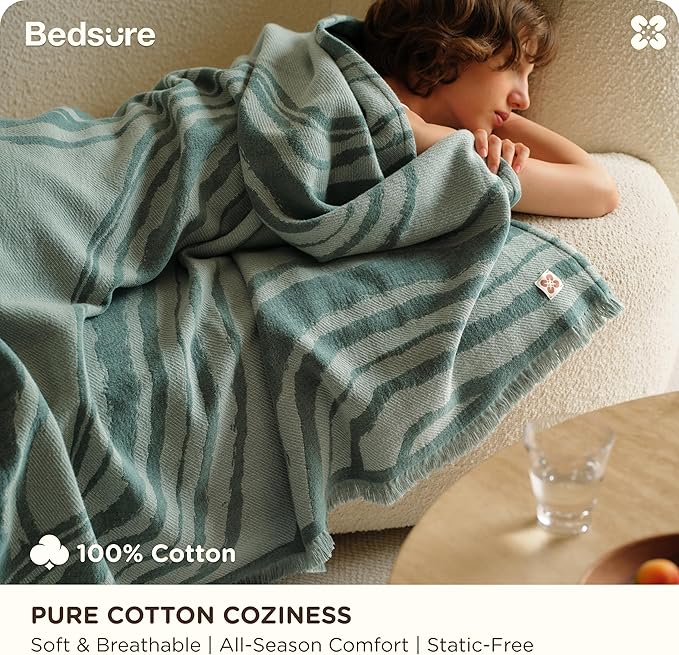 Bedsure 100% Cotton Throw Blanket for Couch - Chenille Woven Textured Blanket Gifts for Women, Cozy and Soft for All Seasons, Home Decor Boho Throw for Bed, Sofa, Aqua Gray, 50x60 Inches