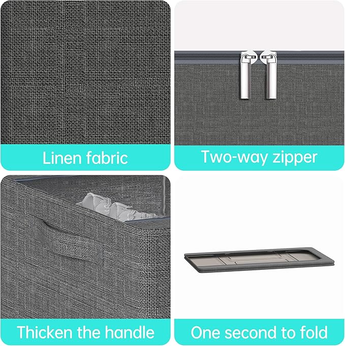 3PCS Under Bed Storage Bins with Metal Frame, Linen Fabric Frame Storage Box Clothes Organizer Bins, Underbed Container with Clear Window (Dark Grey, 15.7 x 13 x 6IN)