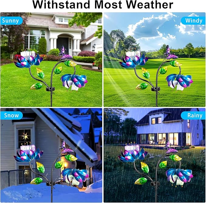 50'' Solar Powered Kinetic Wind Spinner Sculpture Blue Lotus Metal Stake Spinner for Patio, Lawn and Garden Decor Weather Resistant Outdoor Art with Dual Lotus with Butterfly Design