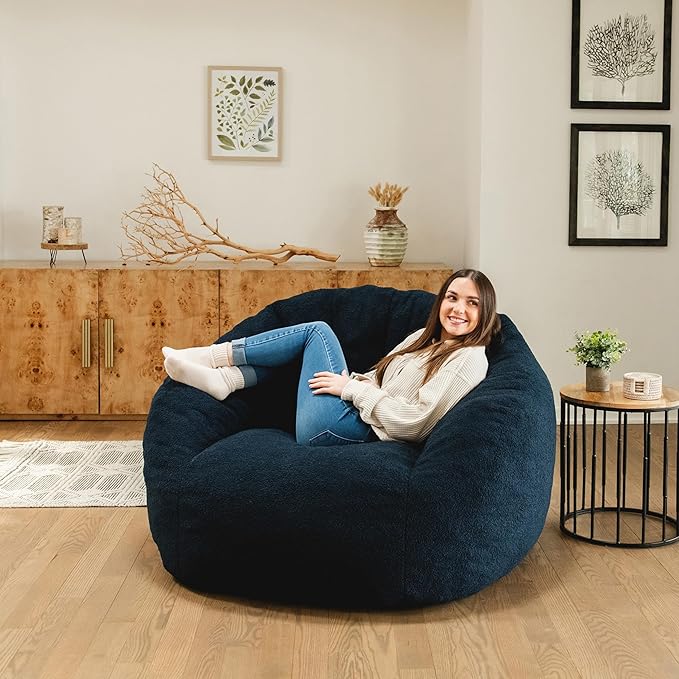 Big Joe Cloudberry Foam-Filled Structured Bean Bag Chair, Deep Blue Teddy Boucle