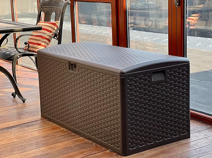 73 Gallon Large Storage Box with Lid,Waterproof Outdoor Storage Container for Patio Furniture Cushions, Gardening Tools, Pool Accessories, Lockable Resin Deck Box with handle Brown