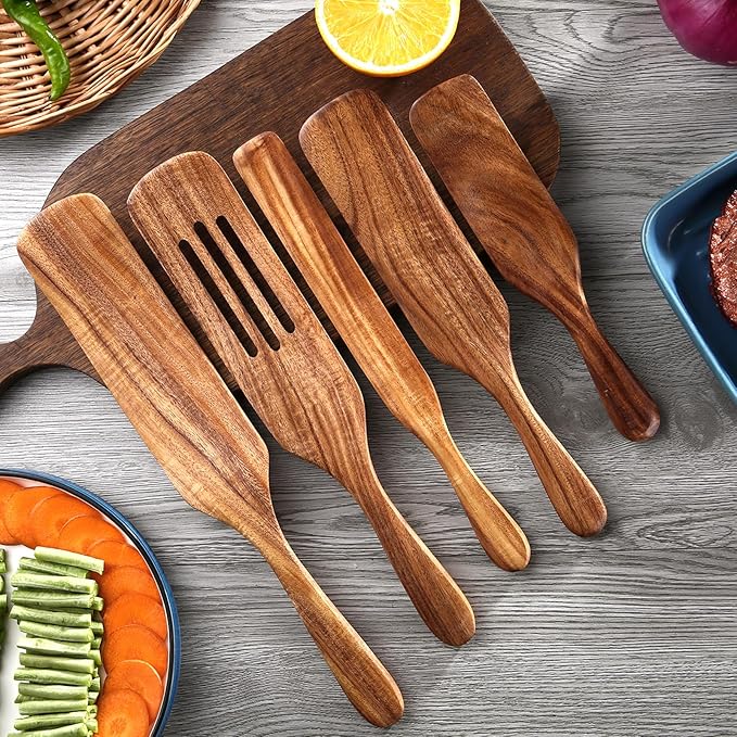 5 Pcs Wooden Spurtle Set, Natural Teak Kitchen Utensil Set Heat Resistant Non-Stick Wooden Spoons Tools for Cooking, Stirring, Mixing, Serving, Spurtles Kitchen Tools As Seen On TV