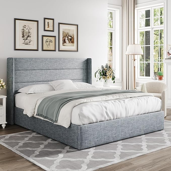 Allewie Queen Size Lift Up Storage Bed, Modern Wingback Headboard, Hydraulic Support, No Box Spring Needed, Grey Blue