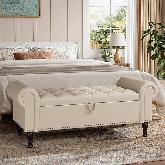 51" Storage Ottoman Bench for Bedroom, Full Queen Storage Bench with Button, Upholstered Bedroom Bench with Rolled Arms for Living Room, Storage Room, Entryway, Beige+Brown Legs