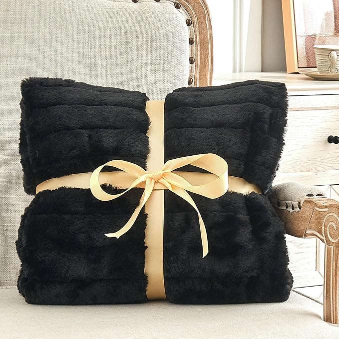 BEDELITE Faux Fur Throw Blanket for Couch, Soft and Cozy 3D Ribbed Fluffy Blanket, Thick Warm Plush Fuzzy Faux Rabbit Fur Blanket for Women Gift (Black, 60"x 80")
