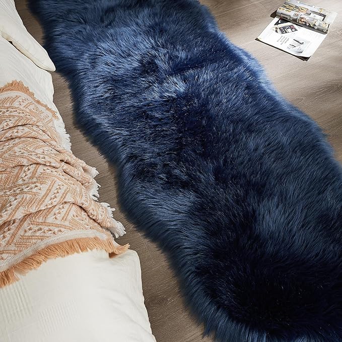 AMTOVO Faux Sheepskin Rug, Dark Blue Ultra Soft Fluffy Shag Area Rug, 2 x 6 ft Faux Fur Rug for Bedroom Sofa Throw Cushion Room Decor, Sheepskin