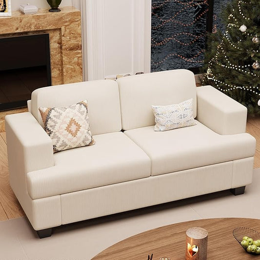63" Corduroy Sofa Couch Loveseat for Living Room, Small Seep Seat Loveseat Sofa for Bedroom, Comfy Chenille Couch for Small Spaces, White Corduroy