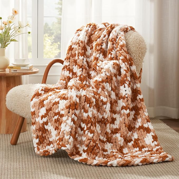 Amélie Home Chunky Knit Throw Blanket for Couch, Soft Chenille Crochet Blanket for Sofa, 50"x60", Space-Dyed Burnt Orange
