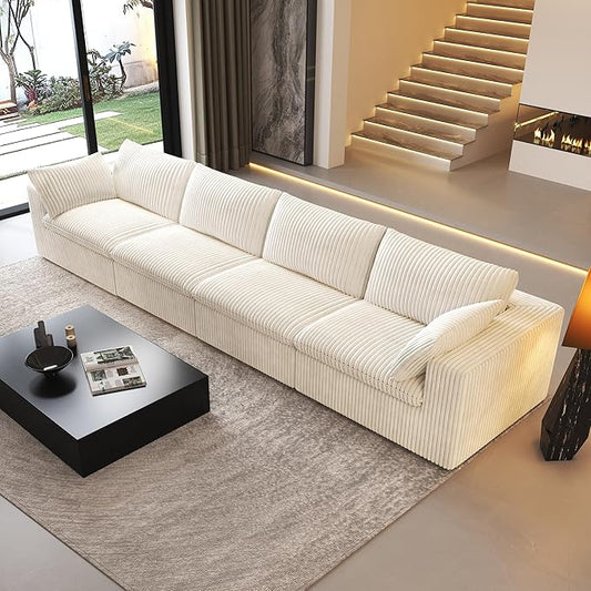 157.5" 4-Seater Cloud Sofa,Modular Sectional Couch,Modern Deep Seat Upholstered Couches with Plush Corduroy Fabric for Living Room Furniture,Bedroom and Apartment,No Assembly Required,White