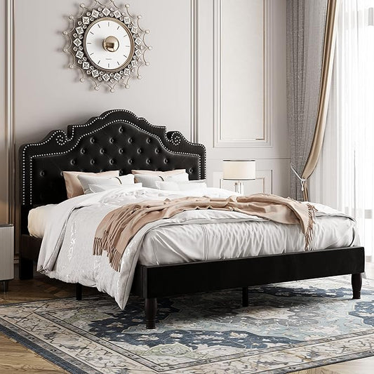 Allewie Full Size Bed Frame with Adjustable Velvet Tiara Headboard, Upholstered Diamond Button Tufted Platform Bed, Wood Slats Support, No Box Spring Needed, Black