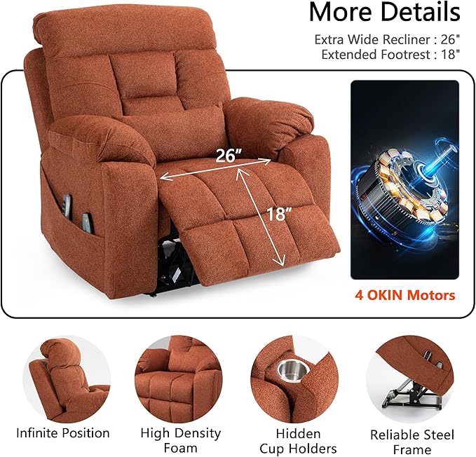 4 OKIN Motor Power Lay Flat Lift Recliner Chair for Elderly Adults Extra Large Recliners with Massage Heat, Adjustable Head-Back-Lumbar-Leg-Support, Extended Footrest, 2 Cup Holders