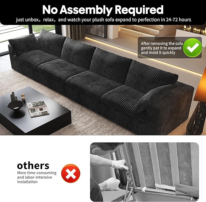 157.5" 4-Seater Cloud Sofa,Modular Sectional Couch,Modern Deep Seat Upholstered Couches with Plush Corduroy Fabric for Living Room Furniture,Bedroom and Apartment,No Assembly Required,Black