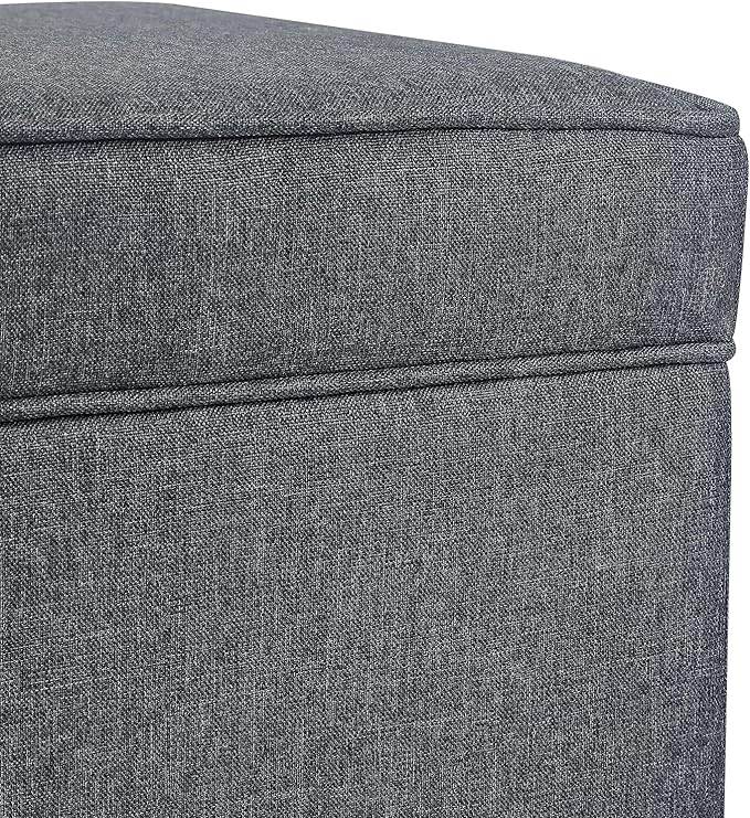Adeco 17.5" Square Fabric Ottoman with Storage, Upholstered Cotton Linen Foot Rest, Flip Top Footstool, Small Cube Coffee Table Extra Seat for Living Room, Bedroom, Grey with Burlywood Legs