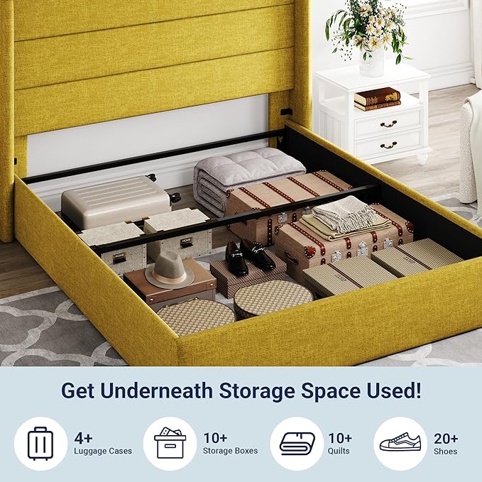 Allewie Full Size Lift Up Storage Bed, Modern Wingback Headboard, Hydraulic Support, No Box Spring Needed, Olive Yellow