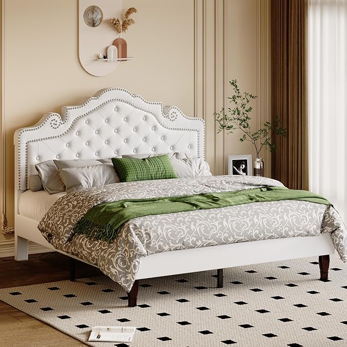 Allewie Full Size Bed Frame with Adjustable Velvet Tiara Headboard, Upholstered Diamond Button Tufted Platform Bed, Wood Slats Support, No Box Spring Needed, White