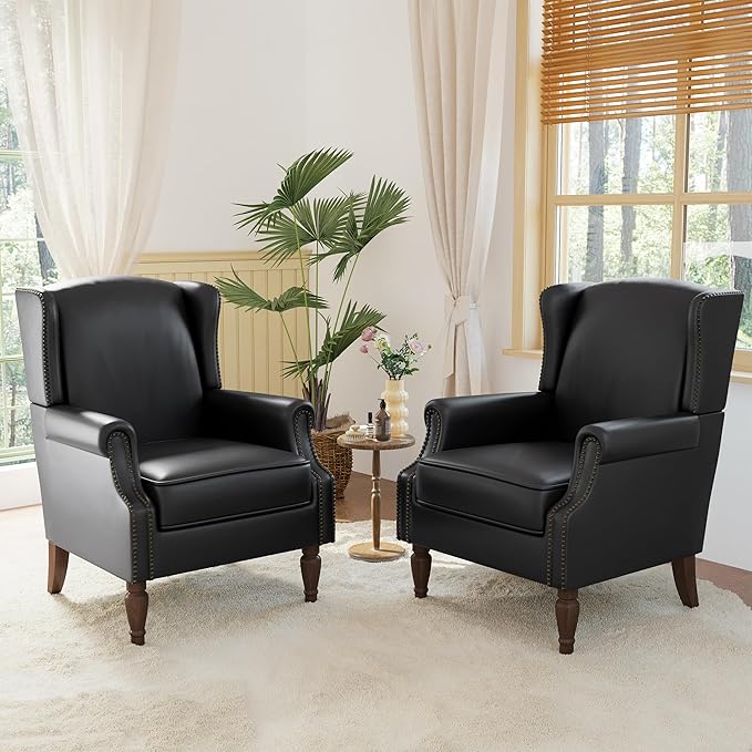 Accent Chairs, Faux Leather High Back Armchair Set of 2 or Living Room, Comfy Upholstered Single Sofa Reading Chairs with Solid Wood Legs for Office, Bedroom, Waiting Room-Black