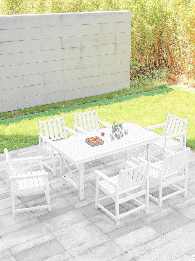 7 Pieces HDPE Outdoor Dining Set, Patio Dining Set with Umbrella Hole, All Weather Outdoor Dining Table Sets for 6, HDPE Patio Furniture Sets for Deck, Backyard, Lawn, and Poolside, Pearl