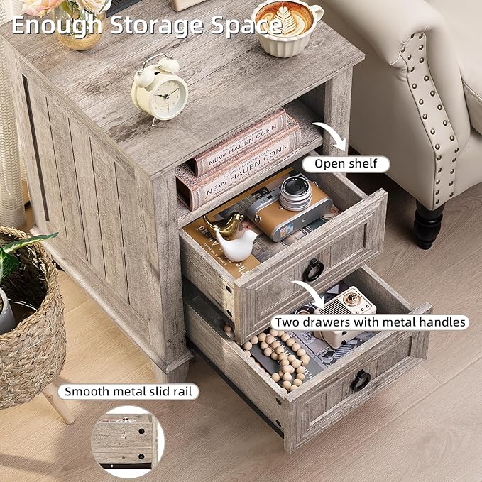 18" Farmhouse Night Stands Set of 2 with Charging Station, 2 Drawers End Table Dresser for Bedroom, Oak Wooden Nightstand, Bed Side Table with Open Shelf, Bedside Cabinet for Living Room