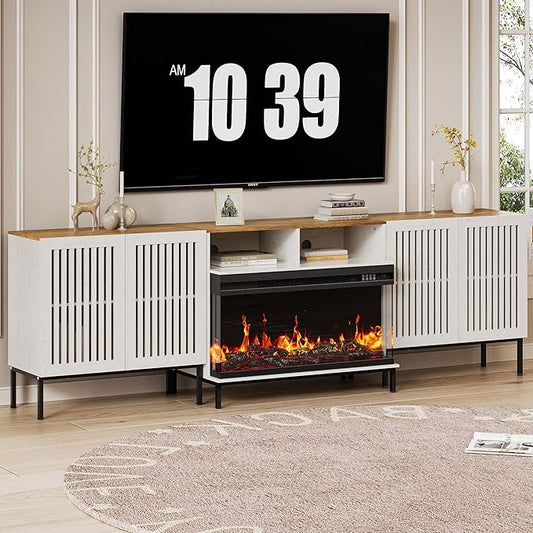 3-Sided Glass Farmhouse Fireplace TV Stand for TVs Up to 100 Inch, Entertainment Center with 36" Electric Fireplace, TV Console with Storage Cabinets for Living Room, Antique White