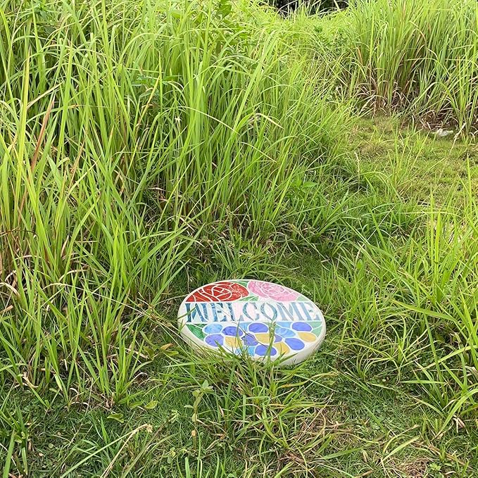 Bieye MSS002 Rose Flowers Tiffany Style Stained Glass Mosaic Decorative Stepping Stone for Garden Decor (12" Round, Welcome Sign)