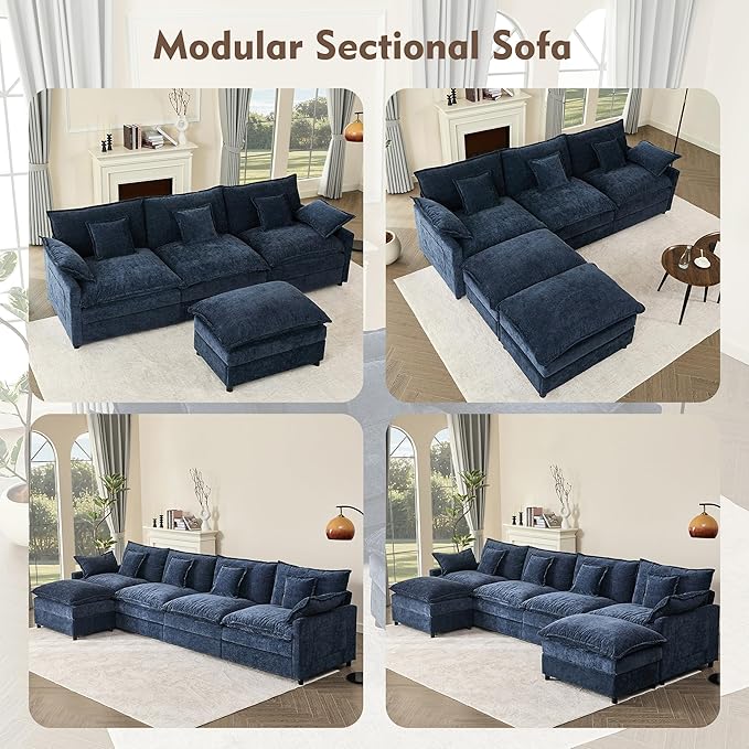 142.5" U Shaped Couch, Modular Sectional Sofa, 3-Seater Comfy Cloud Couch with Movable Ottoman, Deep Seat Couches for Living Room, Chenille, Navy