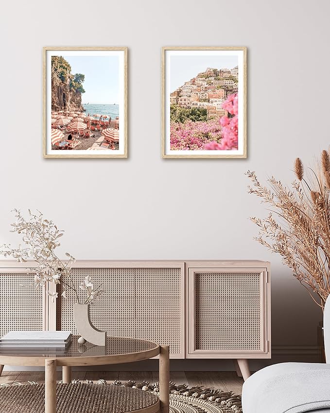 HesenDot Natural OAK Wood Framed Summer in Positano Wall Art,12x16in Italy Amalfi Coastal Canvas Wall Print,Arienzo Beach Umbrellas Poster Wall Decor for Living Room,Bedroom,Office Gallery Set of 1