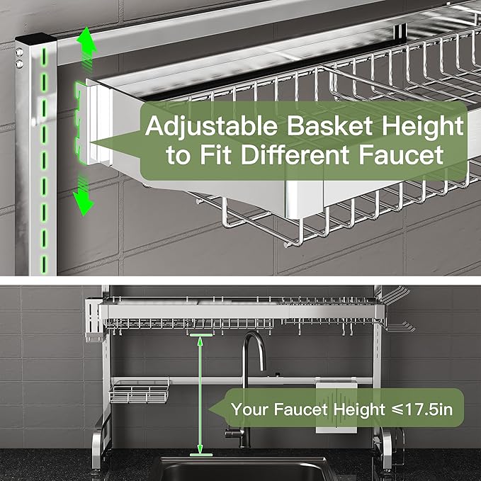 3 Tier Extra Large Stainless Steel Expandable Over The Sink Dish Drainer Drying Rack, Rust Proof Metal, Space Saving, Modern Silver Big Capacity Extendable Plate Strainers Above Kitchen Counter