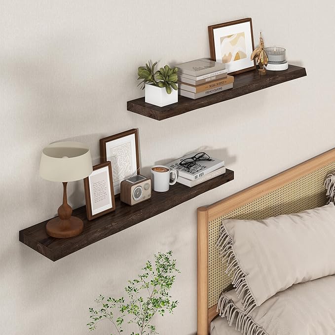 Axeman 36 inch Floating Shelves for Wall - 8'' D Live Edge Rustic Solid Elm Wood Floating Shelves Wall Mounted, Wall Shelves with Invisible Bracket for Living Room Bedroom Kitchen, Set of 2 Walnut