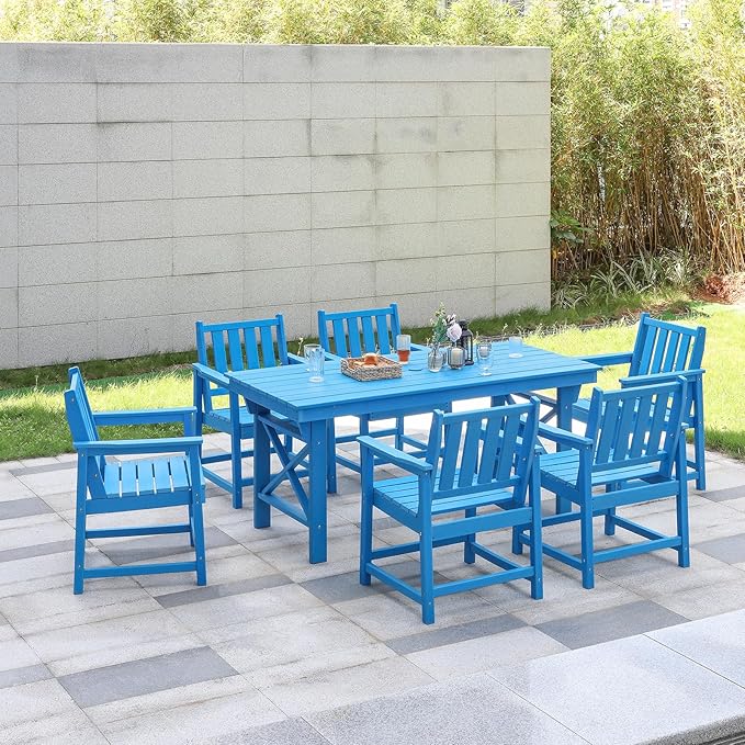 7 Pieces HDPE Outdoor Dining Set, Patio Dining Set with Umbrella Hole, All Weather Outdoor Dining Table Sets for 6, HDPE Patio Furniture Sets for Deck, Backyard, Lawn, and Poolside, Sky Blue