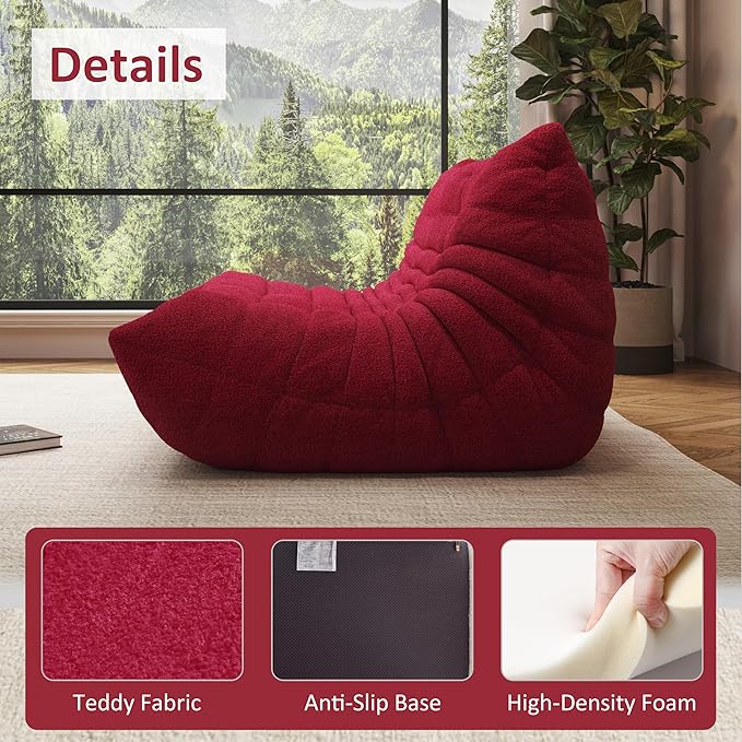 Bean Bag Chair, Oversized Bean Bag Chair for Living Room, Fireside Chair for Adults with Memory Foam Filled, Big Accent Lounge Floor Sofa for Reading, Relax, No Assembly Required. (Burgundy 3-Seater)