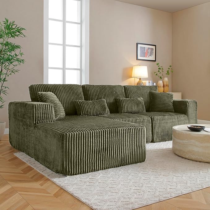 Modular Sectional Sofa Cloud Sectional Couch, 135" Comfy Fluffy L Shaped Olive Green Couches for Living Room, Deep Seat Memory Foam Plush Corduroy Boneless Couch Sectionals Left Facing Chaise Sofa