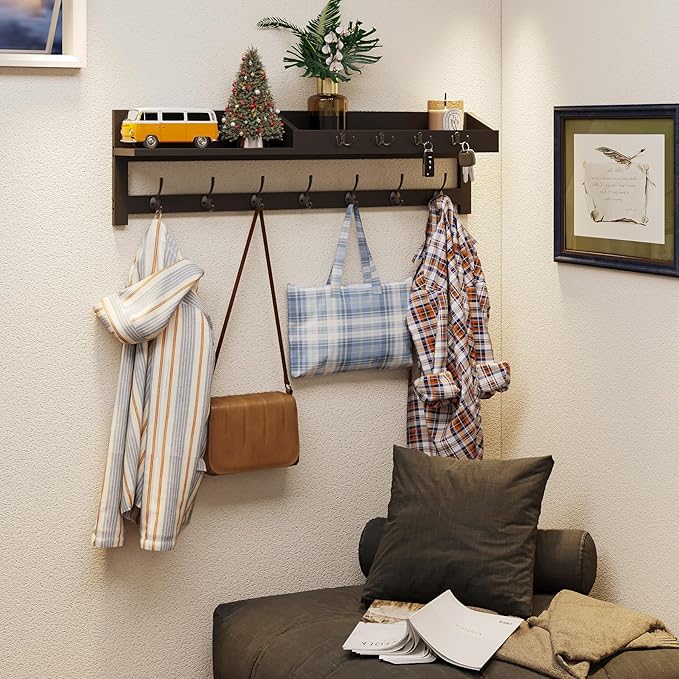 AMBIRD 35 inch Wall Hooks with Shelf, Coat Rack Wall Mount, Large Coat Hanger for Wall, Entryway Shelf with 7 Dual Coat Hooks, 4 Key Hooks and Mail Organizer, Wooden Key Holder Rack (Black)