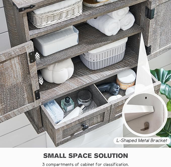 Bathroom Wall Cabinet, Farmhouse Medicine Cabinet, 24" Wide Cabinet with Drawer, Adjustable Shelf, Double Barn Doors, Storage Cabinet for Bathroom, Kitchen, Living Room, Grey Wash