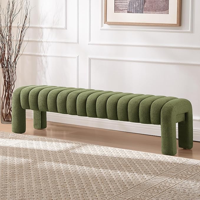 63" Bedroom Bench, Upholstered Entryway Bench, Modern End of Bed Ottoman with Solid Wood Legs and Adjustable Foot Pegs for Entryway, Dining Room and Living Room, 440lbs (Green Boucle)