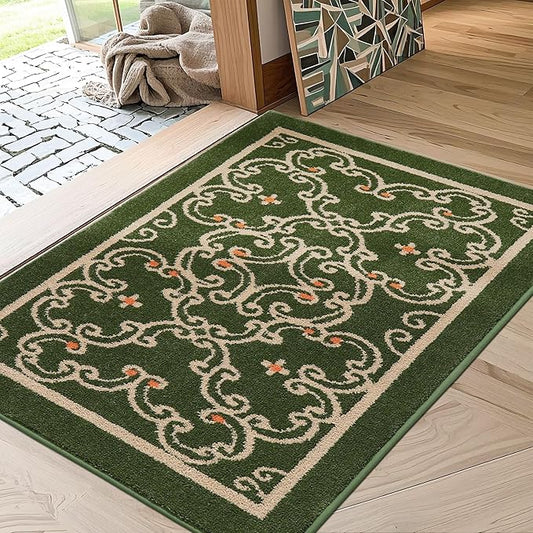 BEQHAUSE Dirt Trapper Door Mat 32" x 48", Non-Slip Entryway Rugs Washable, Floor Mat Stain Resistant and Absorbent Welcome Mat for Front Back Door, Muddy Wet Shoes & Paws, Green and Vining Floral