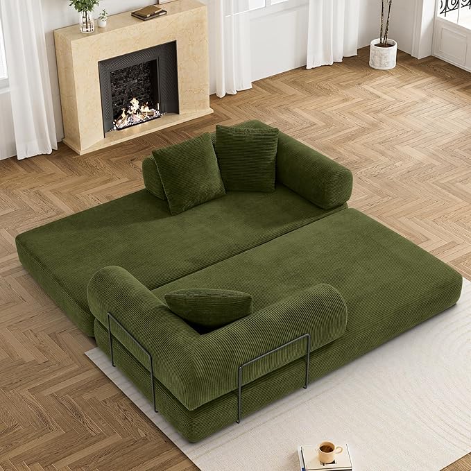 80.3" Convertible Sleeper Sofa Bed with Cylindrical Pillow, Corduroy Folding Mattress Couch with Fixed-Shape Frame, Modular Floor Sofa Lounge Couch for Living Room Bedroom Lounge, Green