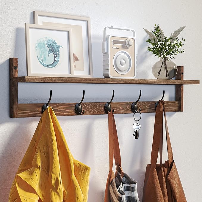 BAMEOS Wall Mounted Coat Rack with Adjustable Easy Install, Rust Proof, Brown Wooden Material, 28.9 Inch Length