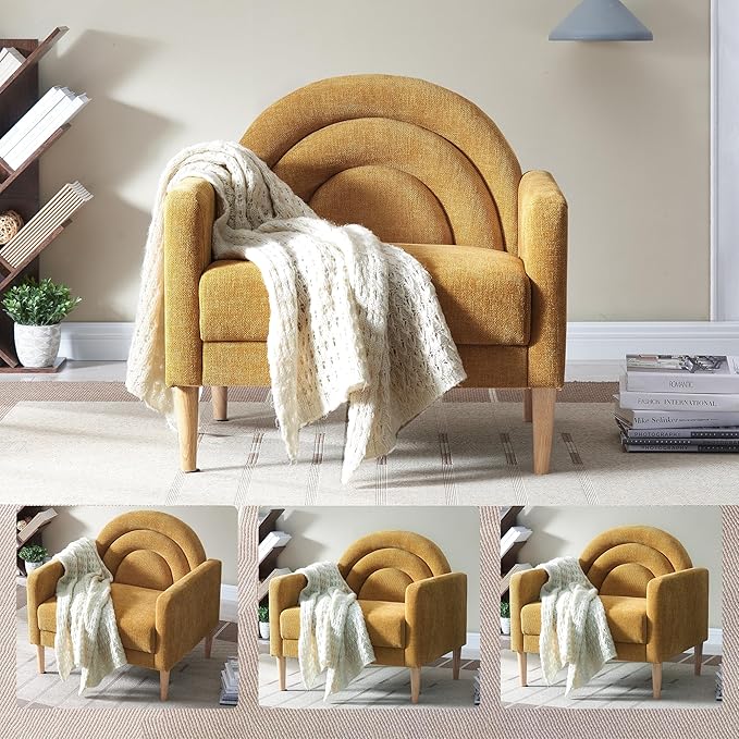 Accent Chair Reading Chair with Armrest, Small Comfy Chair for Small Spaces, Modern Linen Upholstered Armchair for Bedroom & Living Room, Single Sofa Chair with Wood Legs, Easy Assembly (Yellow)