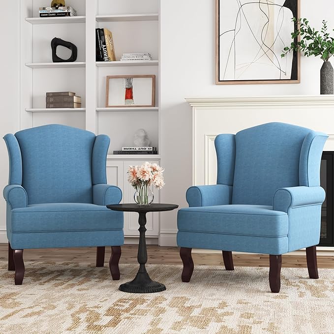 Accent Chair, High Back Upholstered Armchair with High Resilience Sponge & Wood Legs, Mid-Century Modern Comfy Single Sofa Reading Chairs for Living Room, Bedroom (Blue, Set of 1)