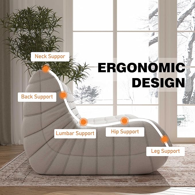 Big Bean Bag Chairs for Adults, 3 Seater Large Bean Bag Chair Sofa, Fireside Chair Lazy Sofa Chair with High Density Comfortable Foam, Modern Bean Bag for Living Room, Bedroom, Office (Beige)