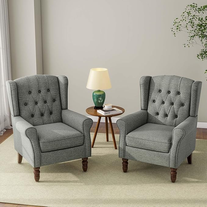 Accent Chair, Upholstered Armchair with Button Tufted High Back & Solid Wood Legs, Comfy Wingback Reading Single Sofa Chair for Small Spaces, Living Room, Bedroom (Grey, Set of 2)