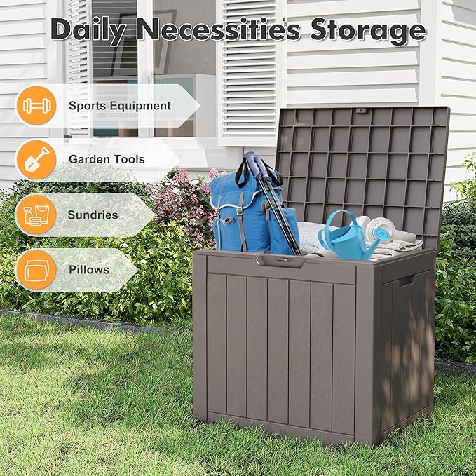 32 Gallon Deck Box Lockable Resin Indoor Outdoor Storage Box waterproof Outdoor Container for Patio Furniture, Pool Accessories, Cushions, Garden Tools, Sports Equipment