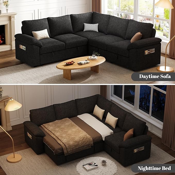 85 Inch Modular Sectional Sofa with Pull Out Bed,L Shaped 5 Seat Sectional Sleeper Sofa with Storage,Sectional Couches for Living Room,Cloud Modular Couch,Removable Sofa Cover,Black