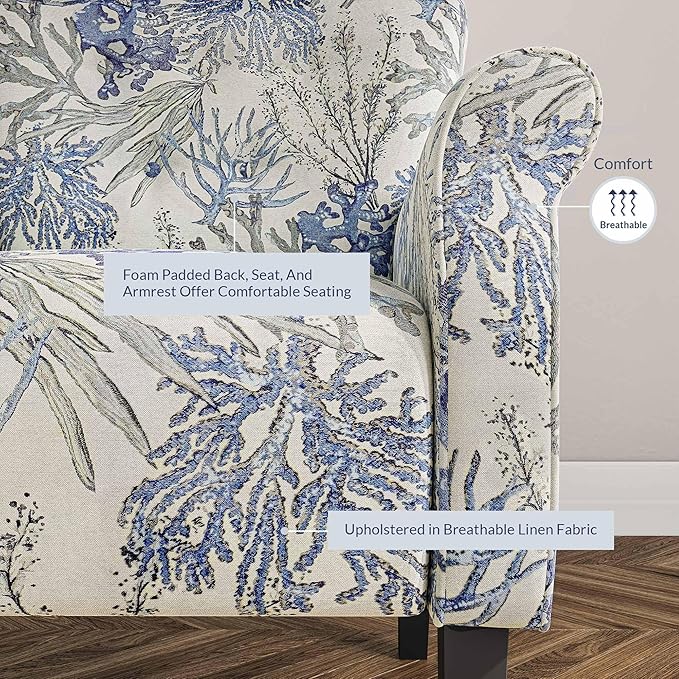 BELLEZE Modern Accent Chair for Living Room, High Back Linen Armchair with Wooden Legs, Upholstered Wingback Side Chair Padded Armrest Single Sofa for Living Room, Bedroom - Allston (Blue Coral)